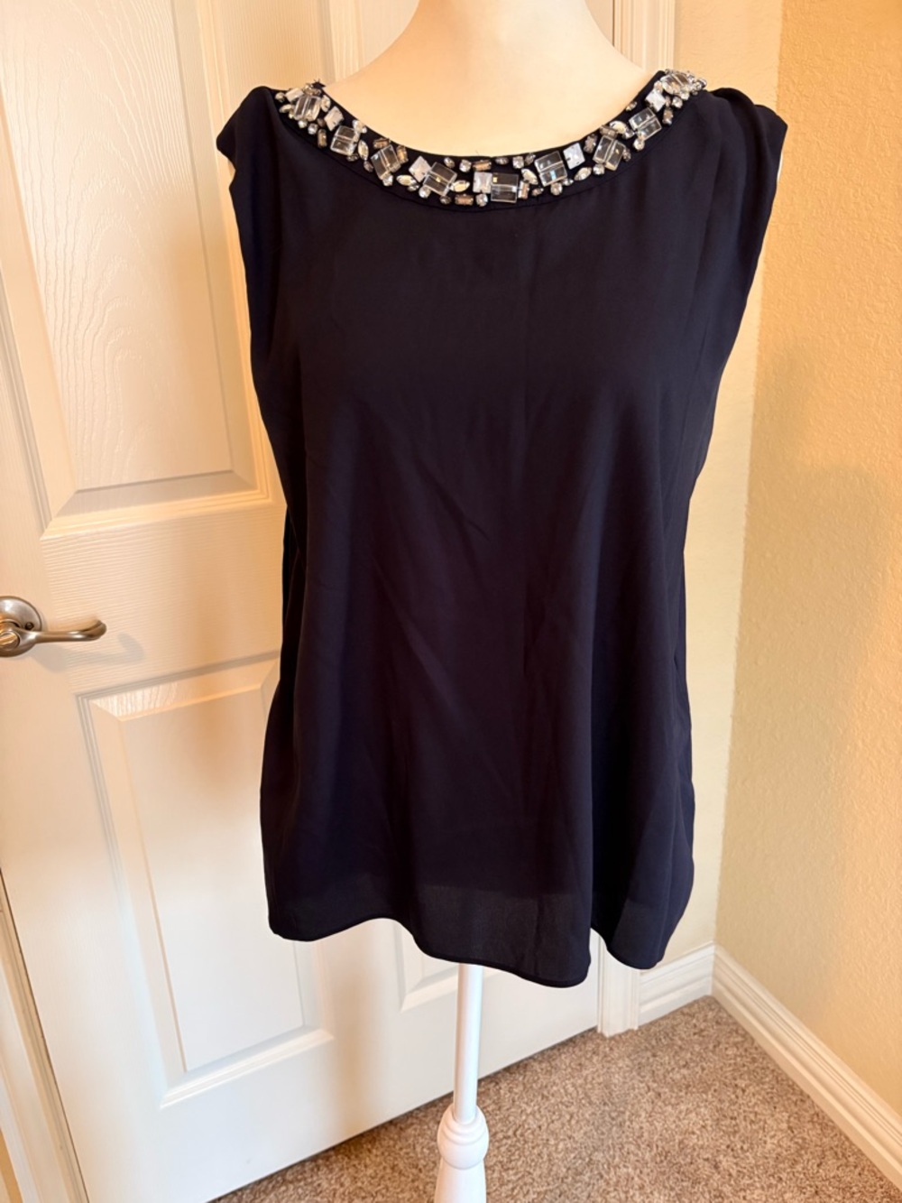 Ann Taylor Navy Sleeveless Beaded Collar Blouse